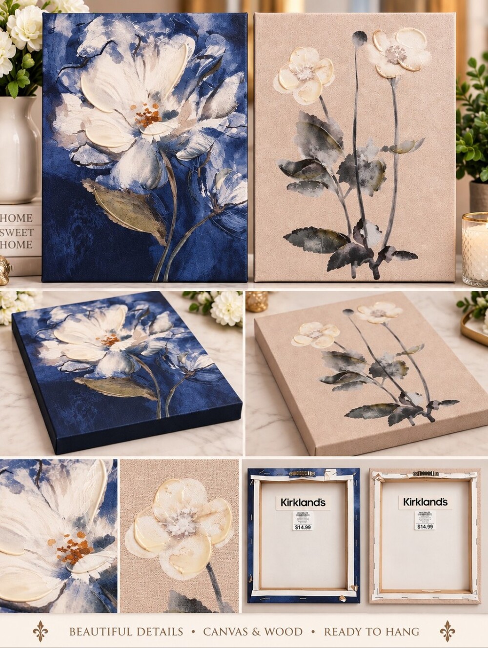 2pc Blue & White Floral Canvas Wall Art Set | French Country - Picture 3 of 9